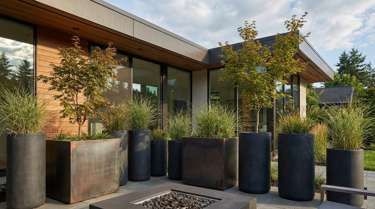 A modern outdoor porch featuring tall statement planters in bold colors and distinctive materials, serving as sculptural focal points. Oversized cube and cylindrical planters with ornamental grasses or small trees create clean, impactful silhouettes for contemporary architecture.