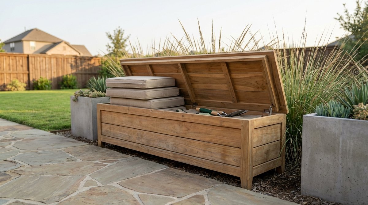 A minimalist teak storage bench with lift-top design, positioned along a patio edge. The bench provides concealed storage for garden cushions and tools while offering additional seating. Its horizontal profile and natural teak patina complement minimalist garden aesthetics.