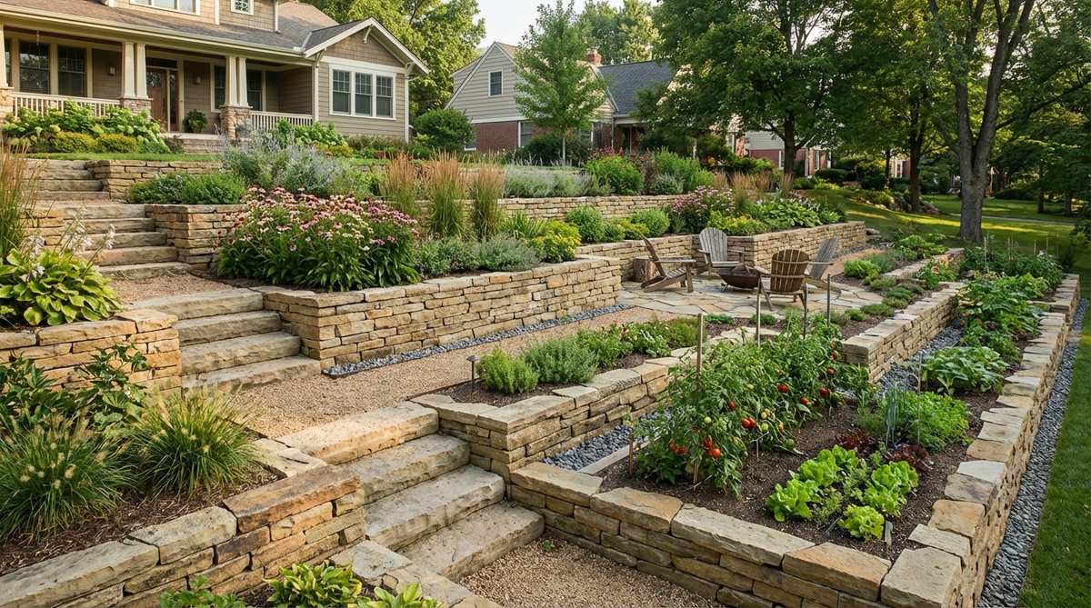 A terraced garden with multiple levels of stone step edging, creating accessible planting zones on a steep slope. The stone walls are 6-8 inches high, reducing erosion and forming level beds suitable for vegetables or perennials. The design demonstrates proper terrace spacing and drainage slope.
