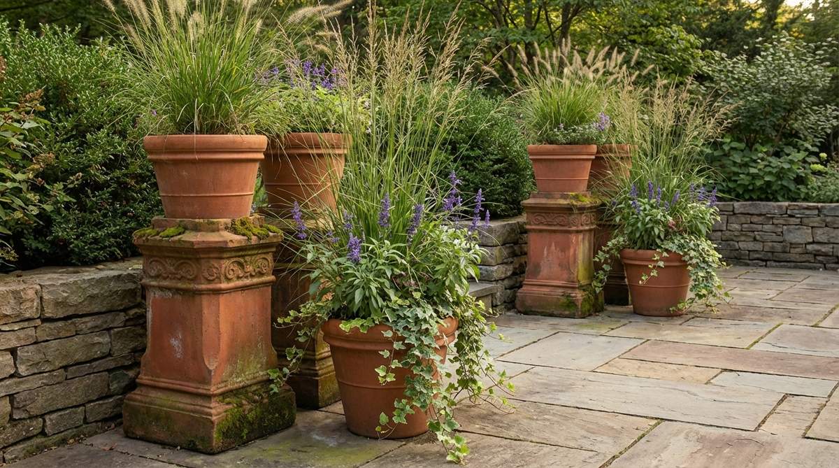Aged terracotta chimney pots used as architectural salvage in vintage boho decor, featuring cylindrical forms with Victorian-era molding. These pots serve as dramatic pedestals for potted plants or tall grasses, anchoring garden corners with Old World character and harmonizing with natural garden palettes.