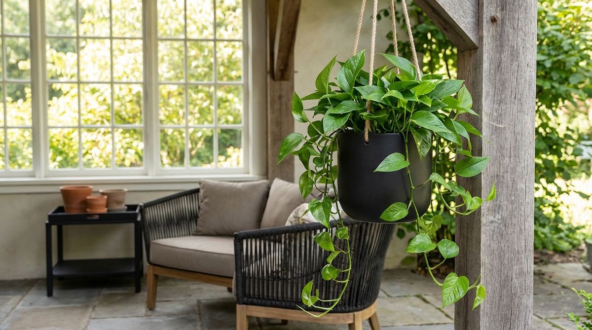 A glossy green pothos plant with cascading vines in a matte black ceramic or metal hanging planter, creating vertical contrast and movement in black boho decor. Ideal for hanging near windows or in corners to allow natural draping, with the black planter providing subtle structure while the lush greenery takes center stage.