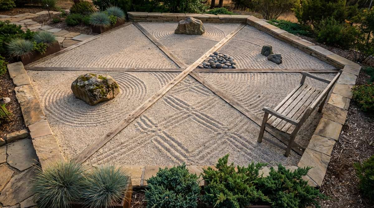 A top-down view of a zen garden sand surface divided into triangular wedge sections, each raked in different directions to create geometric patterns. The angular divisions organize the gravel while highlighting focal rocks within each triangular zone, demonstrating dynamic energy in traditional Japanese garden design.