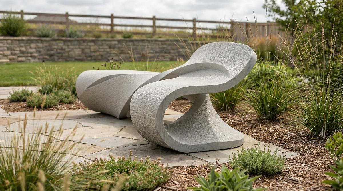 A sculptural stone garden bench featuring complex twisted ribbon geometry created through CNC machining and water-jet cutting technology. The bench demonstrates how modern engineering enables dynamic, flowing forms in stone that challenge traditional perceptions of static garden furniture. With precise load calculations ensuring structural integrity, this minimalist design combines organic aesthetics with technical precision, making it an eye-catching focal point in contemporary outdoor spaces.
