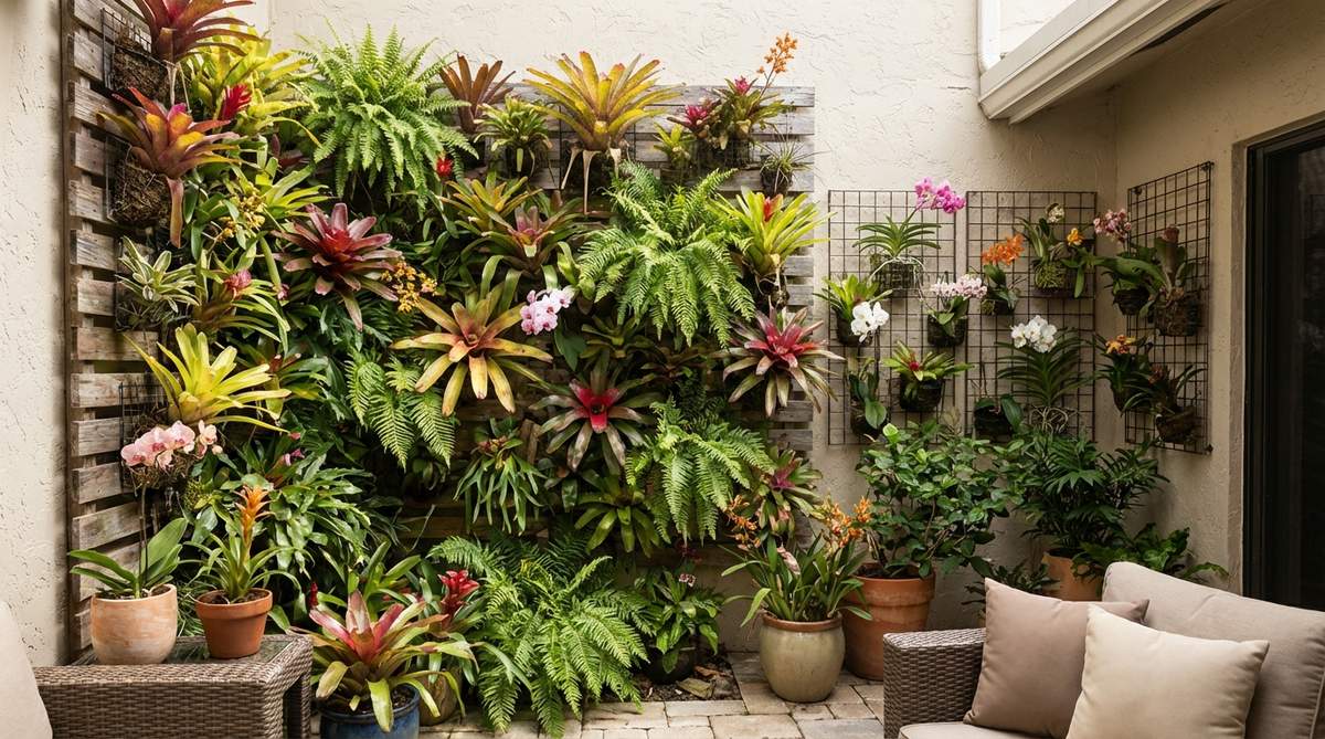 A lush vertical garden wall featuring bromeliads, ferns, and orchids mounted on wooden slats or wire grids, showcasing a tropical design that maximizes greenery in small spaces like courtyards and balconies with bright indirect light.