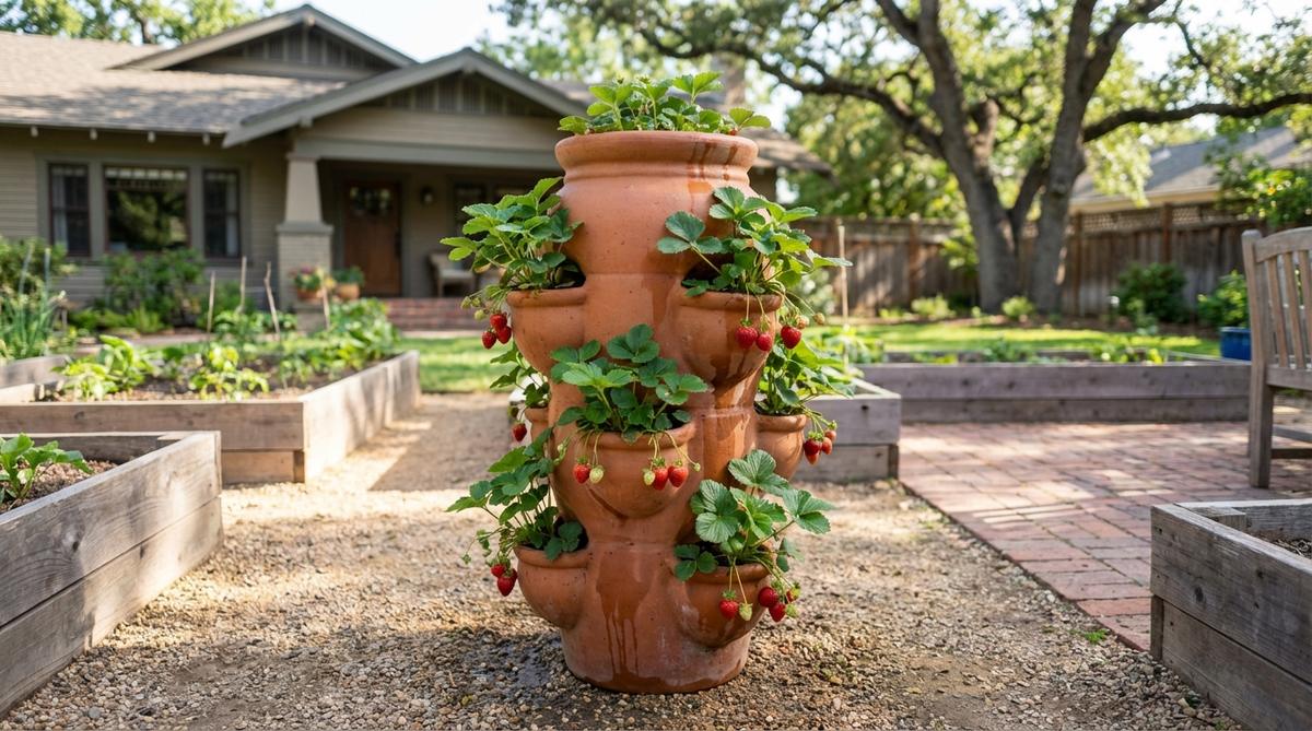 A vertical strawberry column made from stacked ceramic pots with side pockets, creating a tiered planter for growing strawberries in limited garden space. The design maximizes berry production with moisture-retaining ceramic construction.