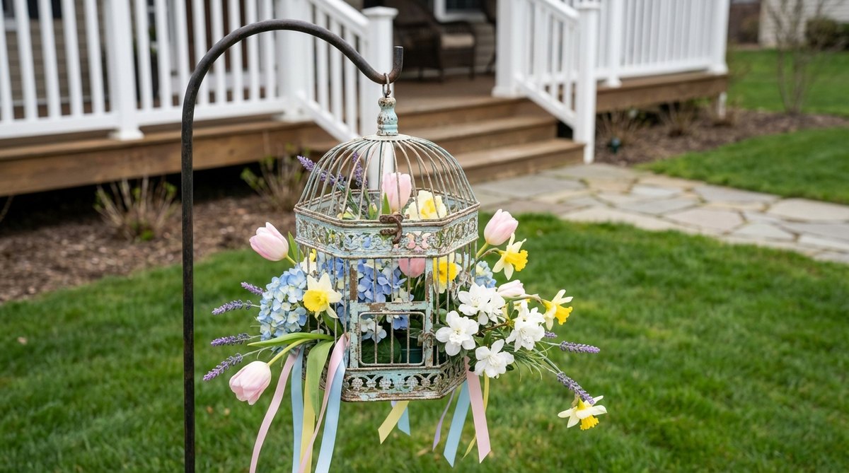 A decorative vintage birdcage filled with trailing spring flowers and ribbon streamers, suspended from a porch ceiling or shepherd's hook for Easter outdoor decor, showcasing pastel-painted or natural metal finishes with floral tubes for hydration.