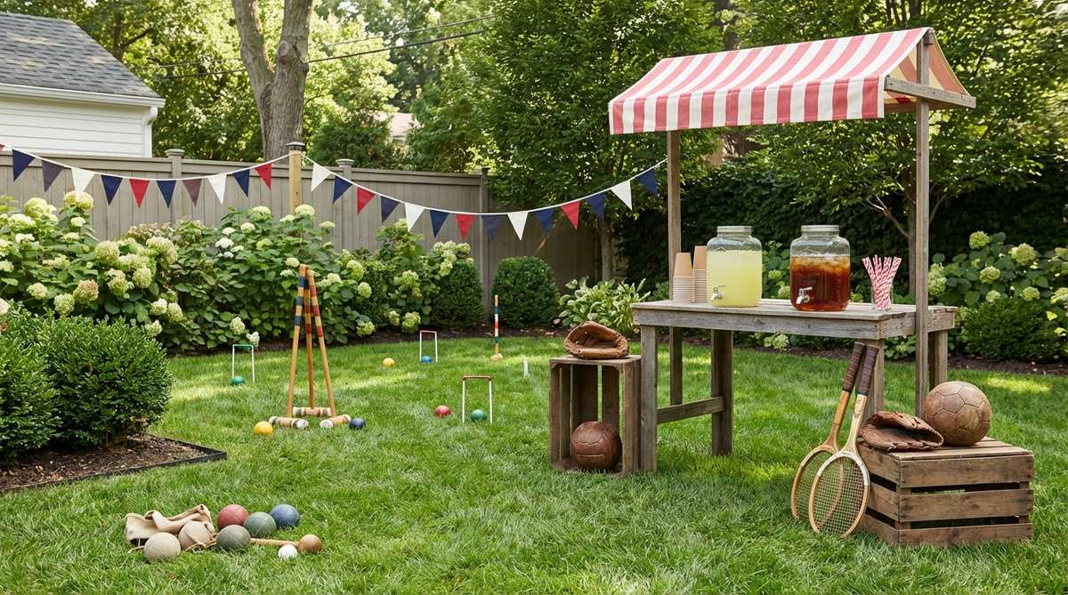 A compact garden party scene featuring scaled-down classic lawn games like croquet and bocce ball, with vintage sports equipment decor, striped awnings, pennant banners, and a lemonade stand with glass dispensers and striped paper straws, creating a nostalgic recreational atmosphere perfect for family gatherings with children.