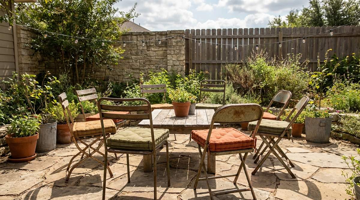 Weathered metal café chairs or vintage folding chairs with original finishes, featuring patina and wear patterns, enhanced with tufted outdoor cushions for comfortable seating in industrial boho decor outdoor spaces.