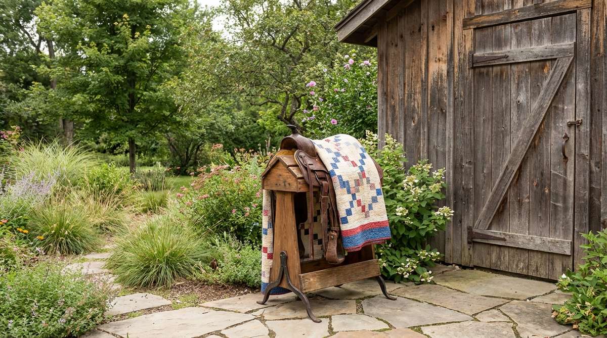 A repurposed vintage saddle rack serving as a functional clothing valet in western boho decor. The turned wood and iron construction adds authentic western character while providing storage for outfits and accessories. Positioned near a closet entry with draped quilts and throws over the bars.