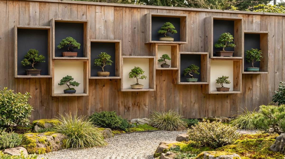 Decorative wooden box shelves mounted on a wall at varying heights, each holding a single small bonsai tree. The boxes have enclosed backs that frame each specimen, with interiors painted in contrasting colors like dark charcoal or cream to enhance the foliage. Arranged in asymmetrical clusters, the display mimics natural tree distribution for an organic visual flow in a zen garden setting.
