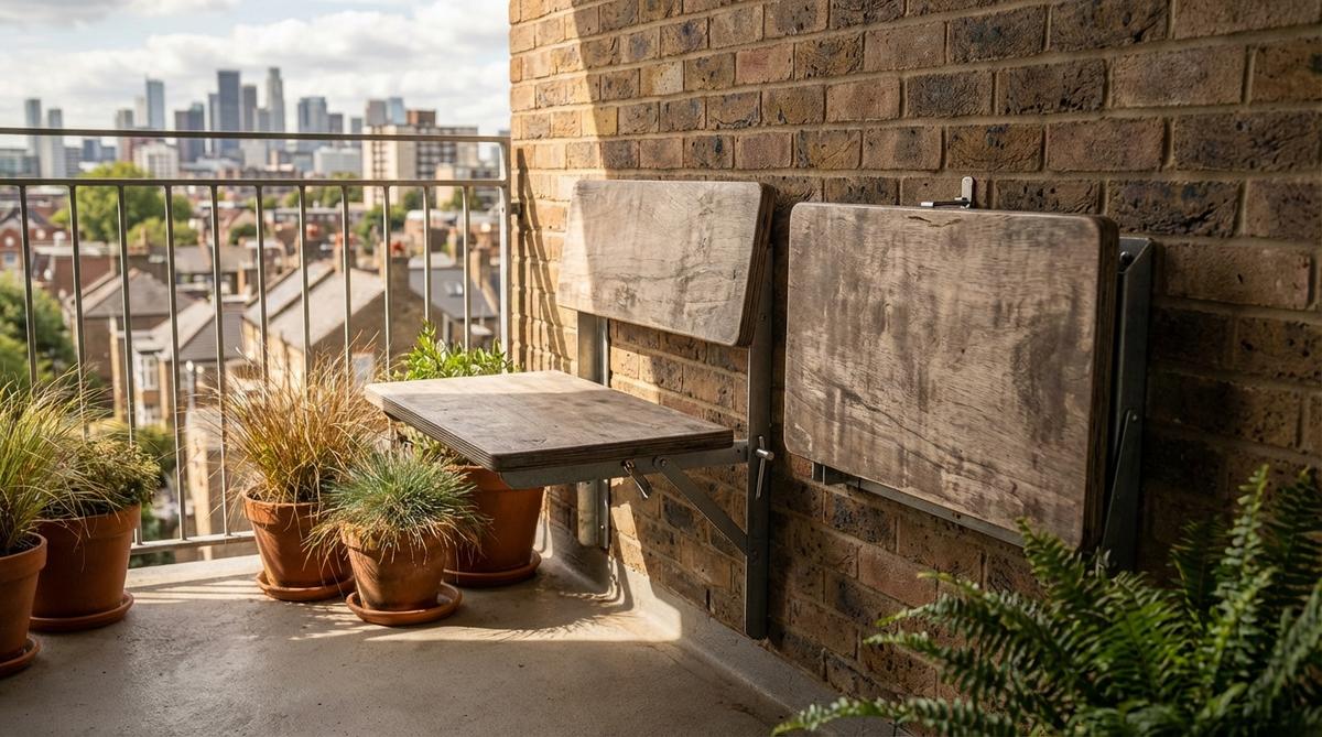 A space-saving wall-mounted fold-down bench designed for urban balconies, shown in both deployed and folded positions. Made from durable marine-grade plywood or synthetic lumber to withstand weather exposure, with secure locking mechanisms for safety. Perfect for small balcony spaces where seating needs to be maximized when needed and stored away when not in use.