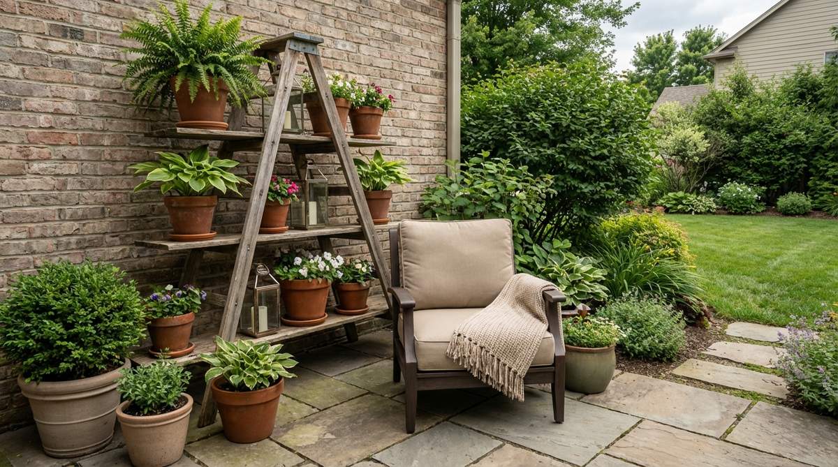A cozy garden corner featuring tiered wall-mounted planters installed on adjacent walls above a small bistro table and chairs. The ascending arrangement of planters draws the eye upward, framing the intimate seating area. Trailing plants cascade from the upper planters, creating a lush, vertical garden effect that maximizes both growing space and seating in a compact area.
