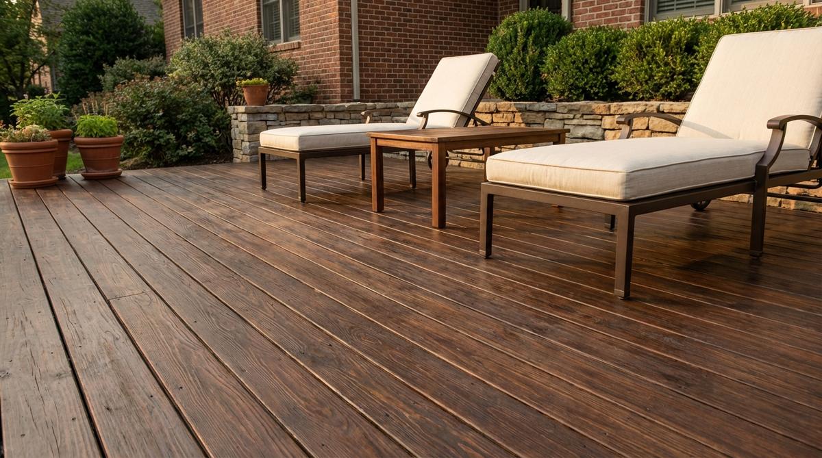 A close-up image showcasing warm wood tones in outdoor deck decor, featuring rich browns of hickory, mahogany, or teak that create traditional warmth. The deck complements brick, stone, and wood-sided homes, with furniture in complementary wood species or bronze-finished powder-coated aluminum, and cream or tan cushion fabrics softening the palette. Darker decking is shown to hide stains and wear patterns effectively while retaining heat.