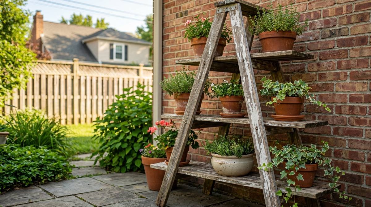 A rustic vintage garden decor piece featuring a repurposed wooden ladder used as a tiered plant stand. The weathered ladder displays potted plants at varying heights, creating vertical growing space perfect for small patios or balconies. Shown with chippy white paint or natural aged wood finish, leaning against a wall or standing freely in a garden corner.