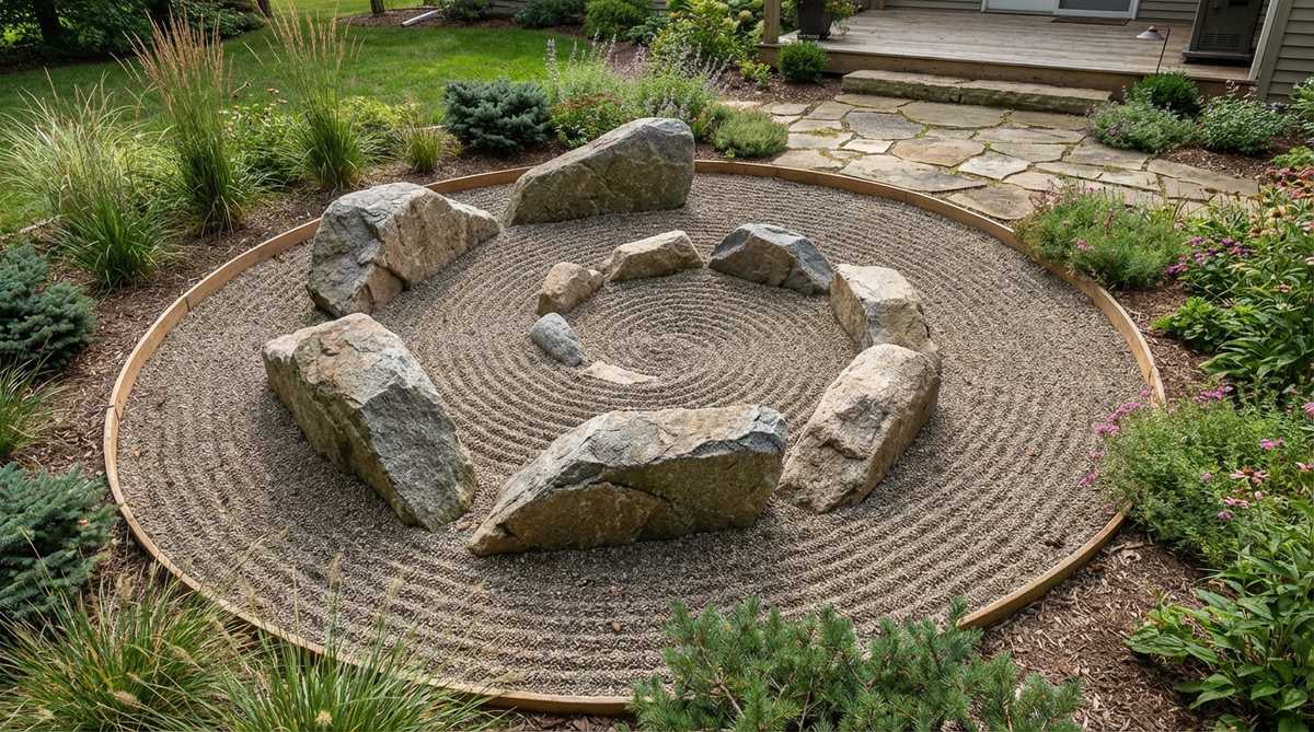 A dynamic zen garden composition featuring 5-9 boulders arranged in a spiral formation around a central gravel depression, with stones angled inward to create a whirlpool or vortex effect. The gravel is raked in tight spiral patterns between the stones, with the central void as the lowest point, capturing water's rotational energy in static form as a mesmerizing contemplative focal point.