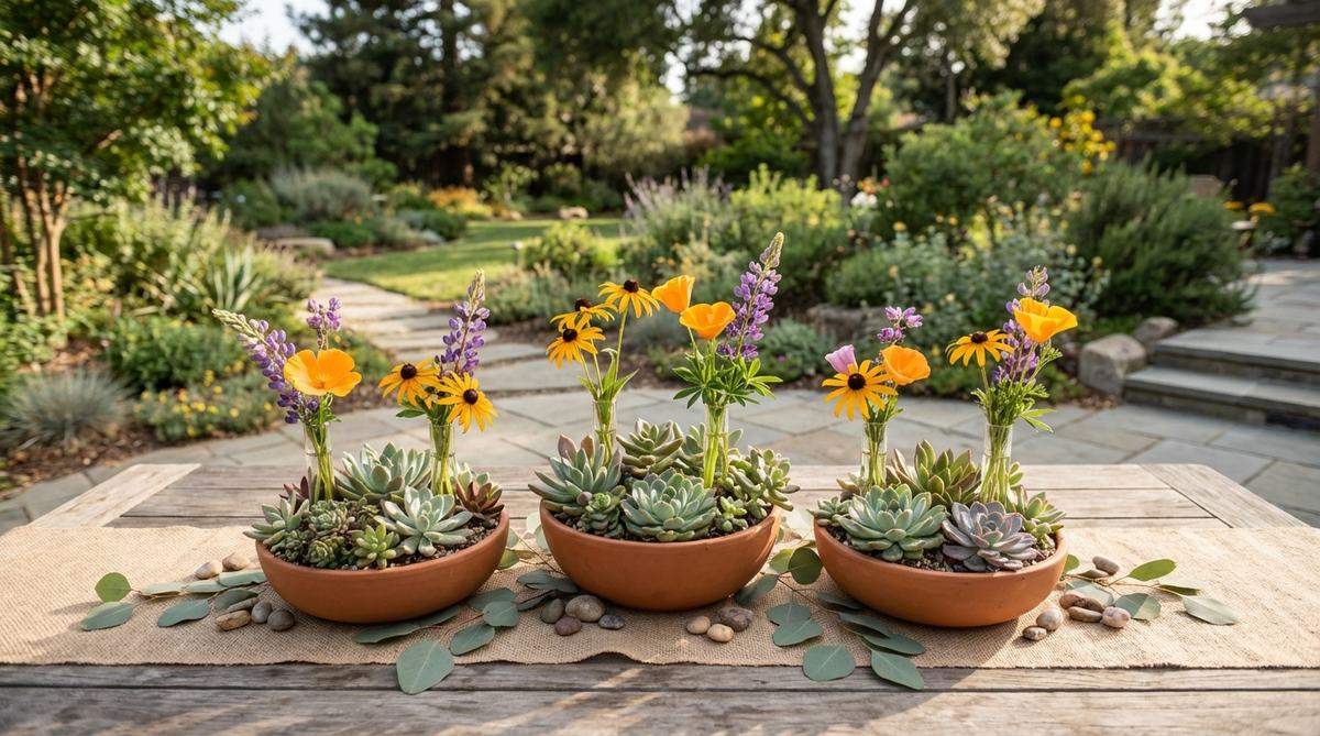 A modern boho wedding centerpiece featuring succulents planted in low bowls with water tubes hidden among them to hold short-stemmed wildflowers. This sustainable decoration creates beautiful contrast between structured succulents and loose flowers, and can be taken home by guests as plantable favors after the wedding.