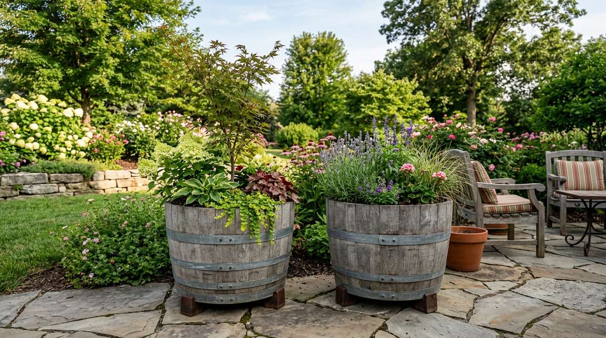 Repurposed oak wine barrels used as large container gardens, ideal for planting small trees, shrubs, or mixed arrangements. Features curved staves and metal bands for architectural appeal, with drilled drainage holes and elevated on pot feet for optimal air circulation. Weathers to a distinguished silver-gray, perfect for anchoring patio corners or defining entry areas in garden decor.