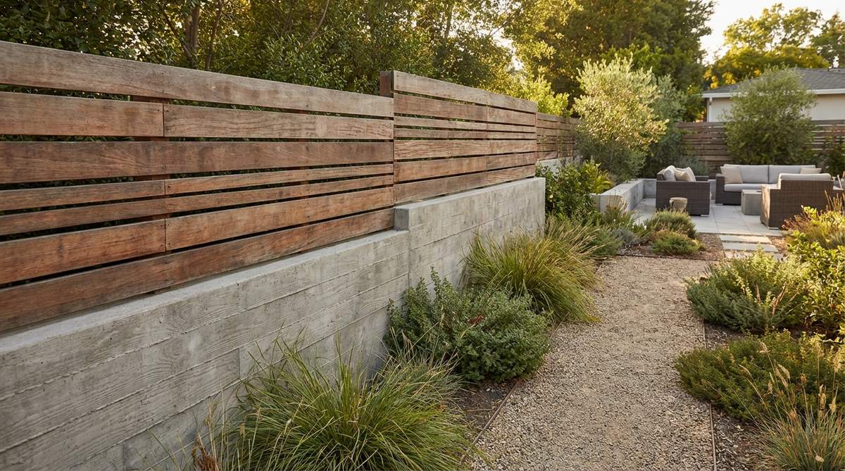 A modern garden fence featuring wood slats mounted on a concrete base, combining durability and aesthetic appeal by preventing wood-soil contact to reduce rot.