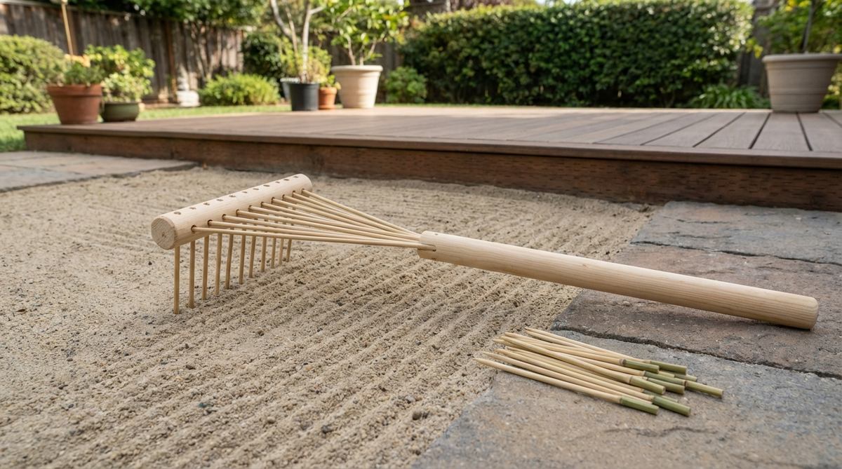A DIY wooden dowel and bamboo skewer rake for zen gardens, showing the economical construction method with equidistant holes drilled in the handle and inserted skewers. The image demonstrates how to create distinctive pattern rhythms with non-standard tine counts like 9, 11, or 13 tines, with trimmed skewer ends for a finished appearance.