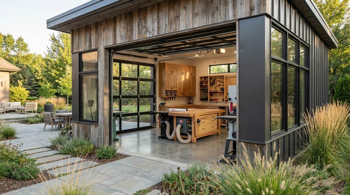 A modern woodworking workshop featuring integrated dust collection system, dedicated electrical circuits for stationary tools, wall-mounted storage with natural light from strategically placed windows, and heavy-duty concrete flooring to support equipment weight.
