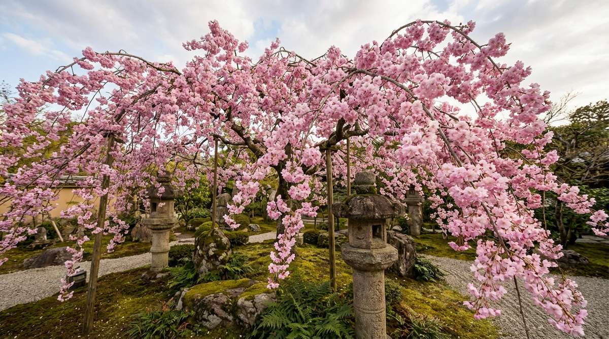 A close-up photograph of a Yaezakura double cherry tree in full bloom, showcasing its elaborate multi-petaled flowers with more than six petals per bloom. The heavy clusters of pink double flowers gracefully weigh down the branches, creating elegant arcs against a traditional Japanese garden backdrop with stone lanterns and moss-covered ground.