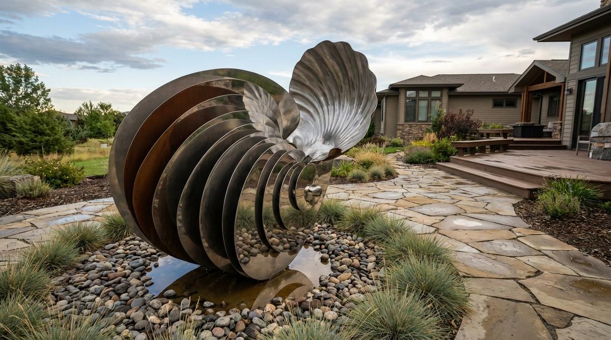 A modern garden sculpture featuring layered metal sheets that mimic natural shell structures like nautilus spirals and clam shells. The overlapping elements create depth and shadow, with mirror polishing emphasizing the graduated reflections. This industrial sculpture bridges organic and geometric design, versatile for various garden styles and creating temporary water features during rain.
