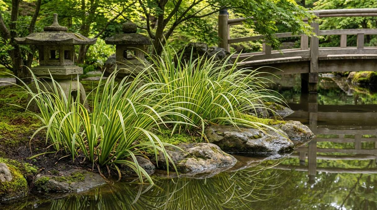 Close-up of Acorus Gramineus 'Variegatus' (Sweet Flag) with striped green and gold leaves arching gracefully in moist soil. This grass-like perennial is planted along a pond margin in a Japanese garden, creating fine-textured accents that soften water edges. The evergreen foliage provides year-round structure in aquatic zones, with mass plantings forming ribbon-like borders that mirror traditional Japanese water garden aesthetics.