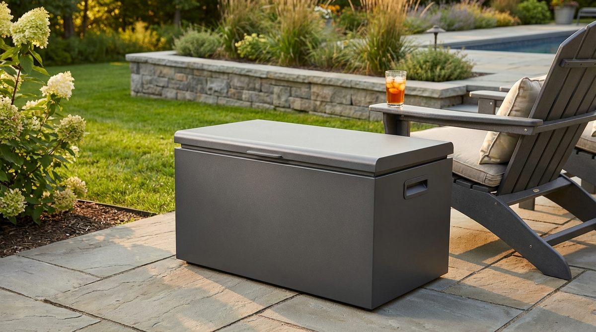 A minimalist aluminum storage box with waterproof construction and powder-coated finish, serving as both a side table and weather-resistant storage solution for outdoor cushions, grilling tools, and pool equipment in garden settings.