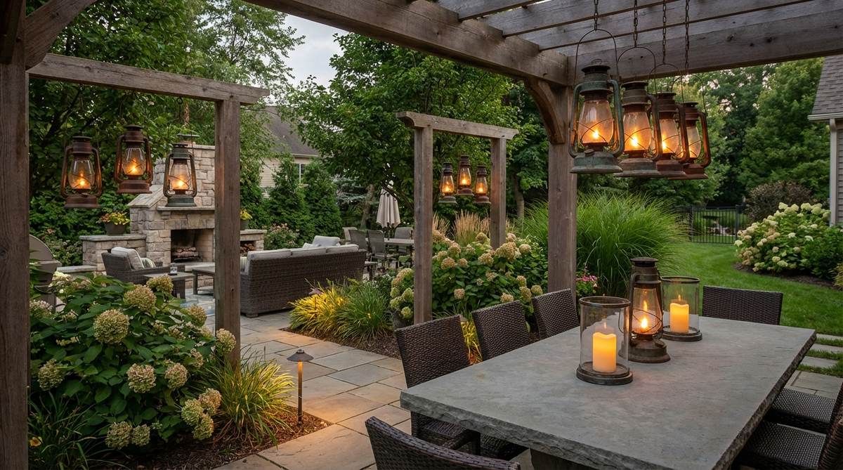 Vintage oil lanterns and hurricane lamps hung from arbors or placed on tables, providing ambient lighting with nostalgic appeal. The metal and glass construction develops an attractive patina while maintaining functionality with modern candles or LED inserts. Clustered in groups of three or five for balanced visual impact, the flickering light creates an enchanting evening atmosphere perfect for outdoor entertaining.
