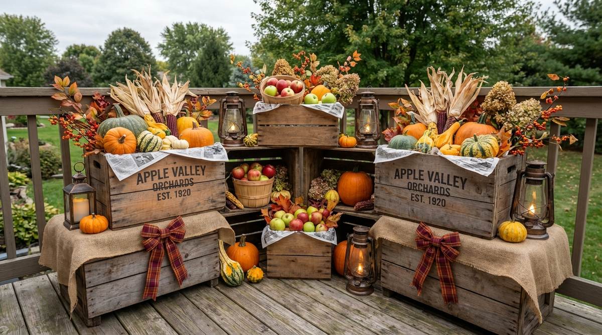 A Halloween balcony decor setup featuring vintage wooden apple crates stacked at varying heights, filled with seasonal produce like apples, gourds, and mini pumpkins, accented with battery-powered lanterns, burlap runners, and plaid ribbons for a farmhouse texture. The crates are organized with crumpled newspaper to elevate items, sprigs of fall foliage, bittersweet berries, or dried hydrangeas for softness, providing modular vertical dimension for easy rearrangement.