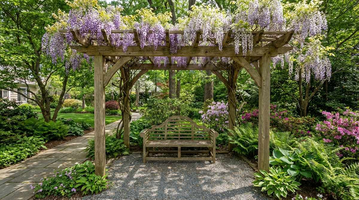 A Japanese garden bench under a wisteria pergola, featuring cedar or teak seating with flowering vines draping overhead. The arbor stands 7-8 feet tall, providing shaded seating while maintaining open circulation around the bench.