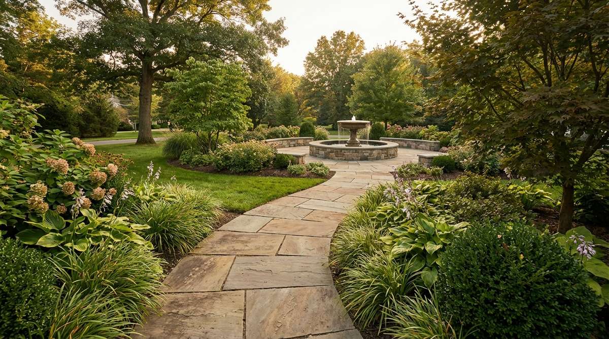 A curved stone pathway gracefully arcs through a garden, leading the eye toward a focal point such as a fountain or sculpture. The smooth curve creates anticipation and frames the destination beautifully, softening the geometry of rectangular garden spaces while maintaining clear directional flow.