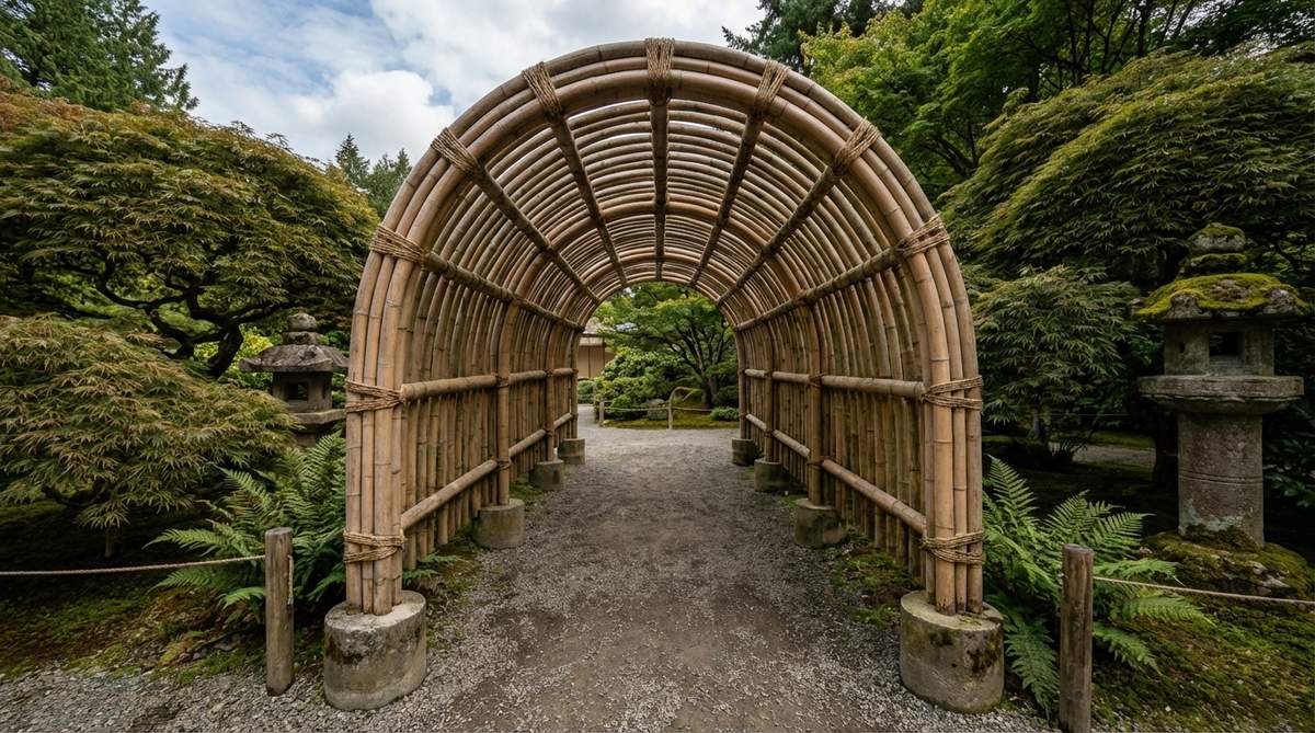 An arched bamboo tunnel gate in a Japanese garden, featuring bent bamboo poles forming a covered walkway passage. This structure creates a spatial transition between garden areas, with steam-bent or naturally curved bamboo anchored in concrete footings for stability. Designed for comfortable passage at 6-8 feet in height, it transforms a simple gate into an experiential passage for visitors.