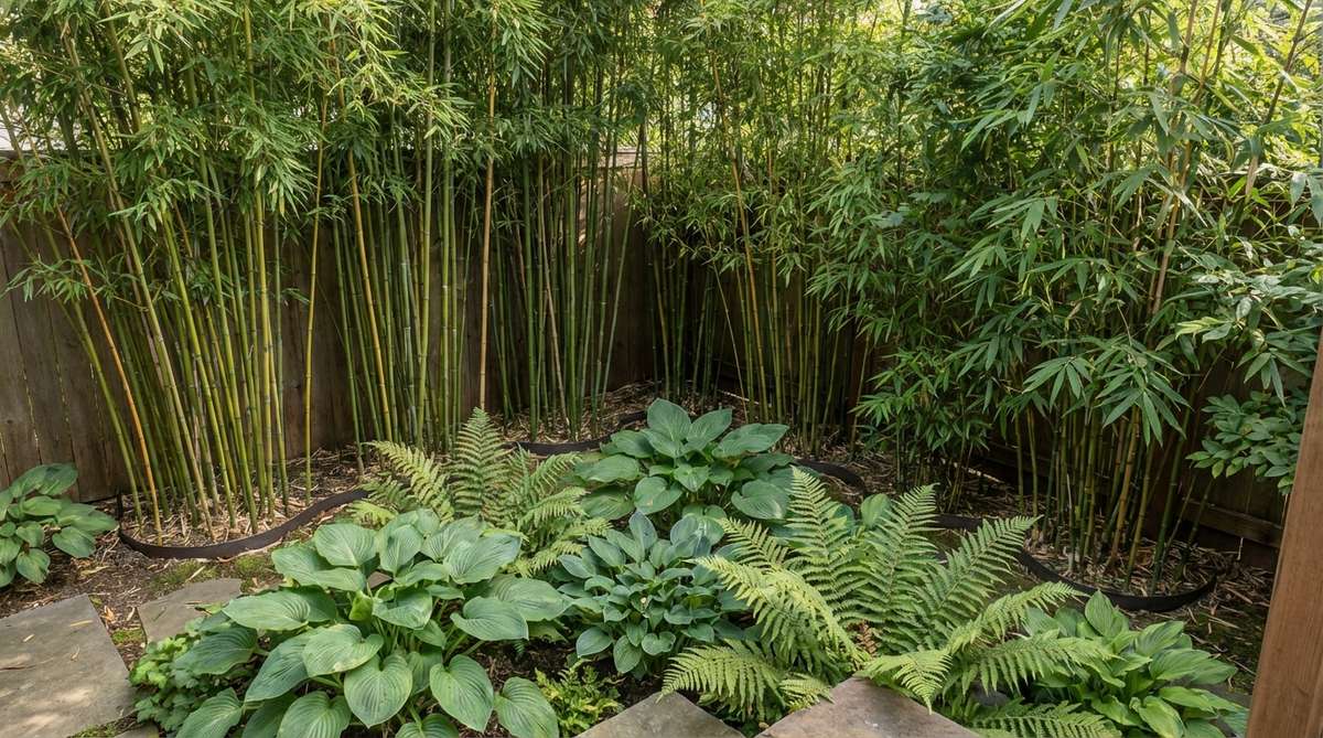 A vertical screen of clumping bamboo varieties creates an Asian-inspired aesthetic in a garden corner, with ferns or hostas layered underneath to complete the canopy structure. Rhizome barriers prevent unwanted spreading while emphasizing vertical space with rustling culms.