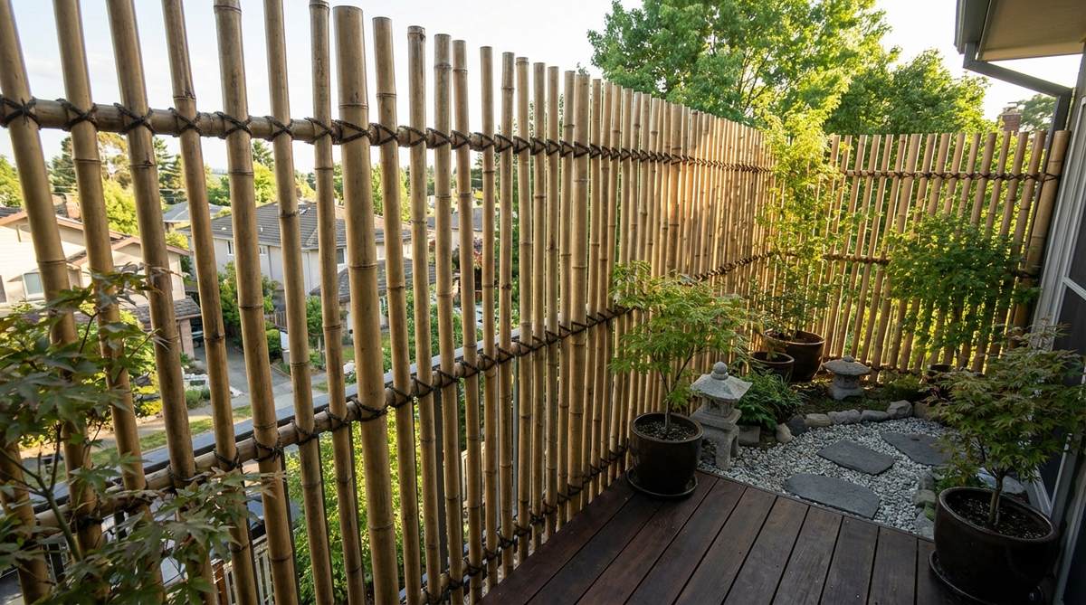 A vertical bamboo fencing panel used as a privacy screen in a Japanese balcony garden, featuring natural bamboo poles lashed with dark cord to create enclosure and block unwanted views while maintaining visual permeability through gaps between poles.
