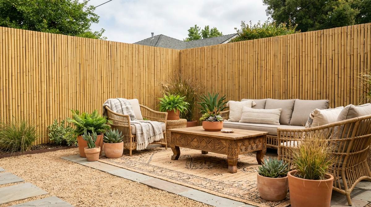 Vertical bamboo fencing panels creating natural boundaries in bohemian outdoor design, featuring golden-tan earth tones that complement African-inspired carved wood and woven rattan furniture elements.