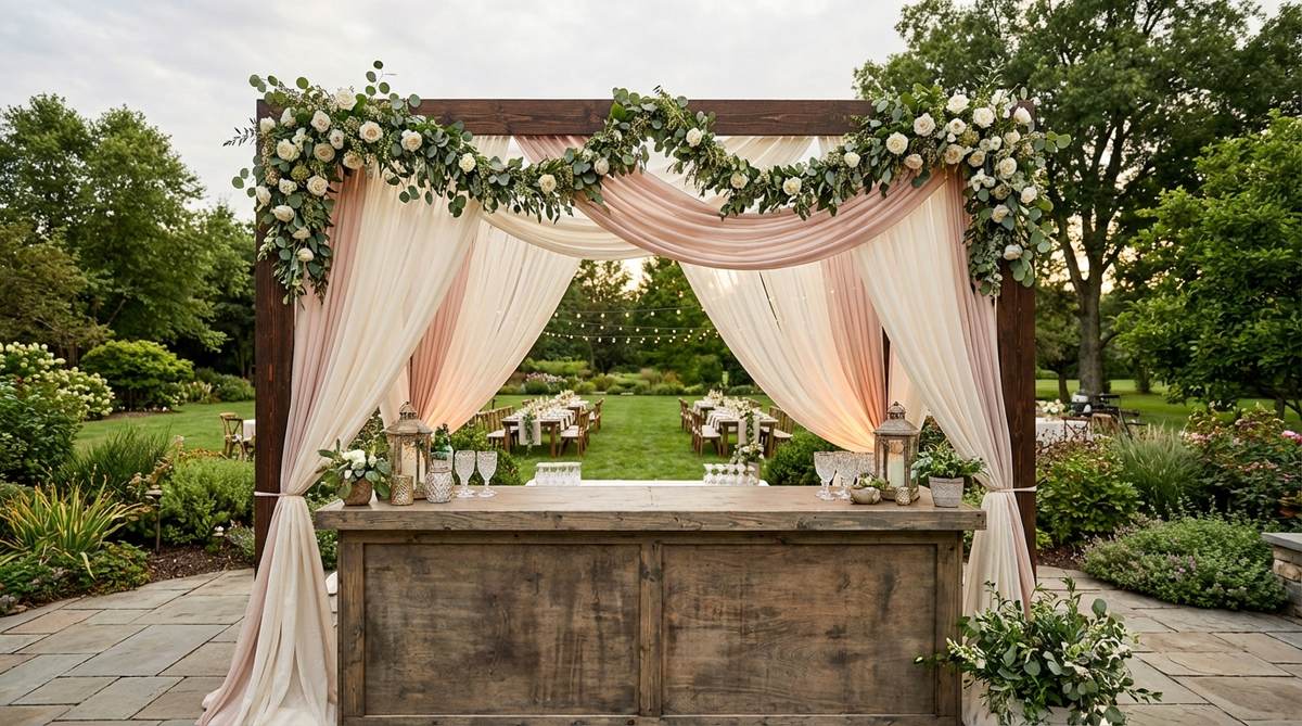 A freestanding outdoor wedding bar station featuring a draped fabric backdrop in ceremony colors, creating visual separation from dining areas. The fabric is attached to a frame structure behind the bar, with floral garlands along the top edges where the material gathers. The setup transforms a functional service area into a decorative focal point, with potential for backlighting during evening hours to create glowing ambient effects.