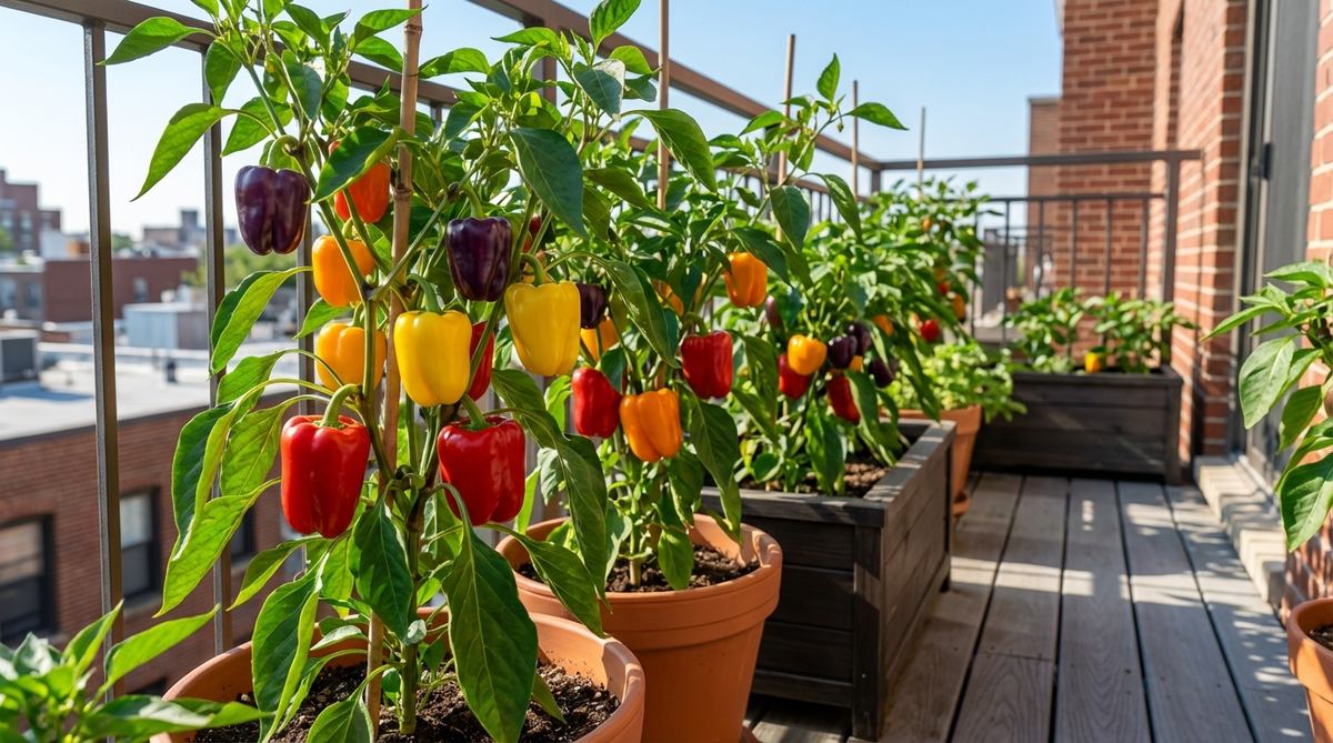 A close-up photo of vibrant bell peppers in various colors including red, yellow, orange, and purple growing in containers on a sunny balcony. The compact pepper plants are staked for support and surrounded by healthy green foliage, demonstrating successful container gardening in limited urban spaces.