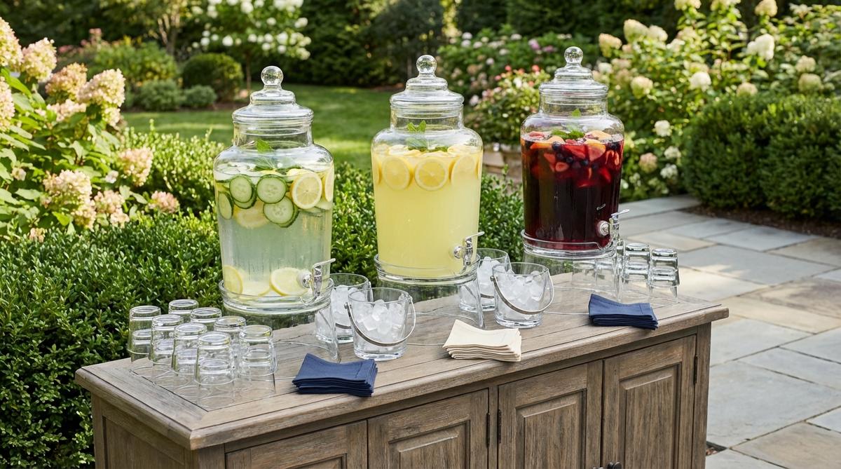 A stylish outdoor beverage station featuring tiered displays with clear dispensers filled with infused water, lemonade, or sangria. Floating fruit slices and fresh mint garnish the drinks for visual appeal. The station is set on a credenza or bar cart with coordinated drinkware, ice buckets, and cocktail napkins in complementary colors, creating an accessible self-serve area for gatherings.