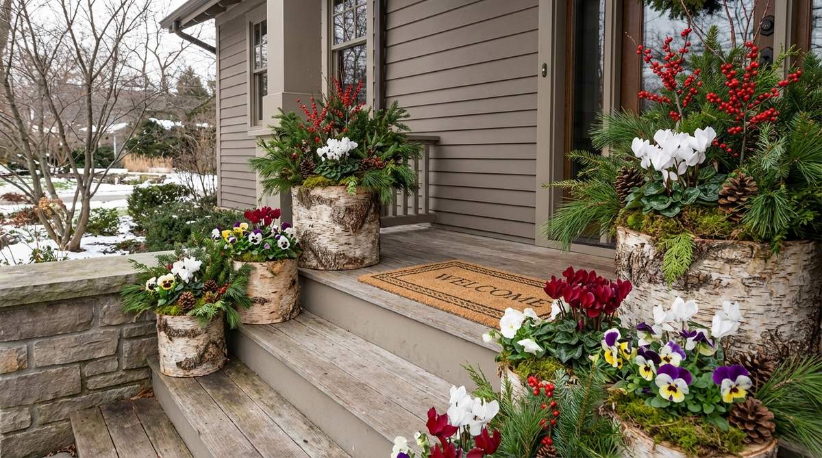 Rustic birch log containers with natural white bark, planted with evergreen foliage, berry arrangements, and winter flowers like cyclamen and pansies, positioned on porch steps or entryways for organic garden contrast.