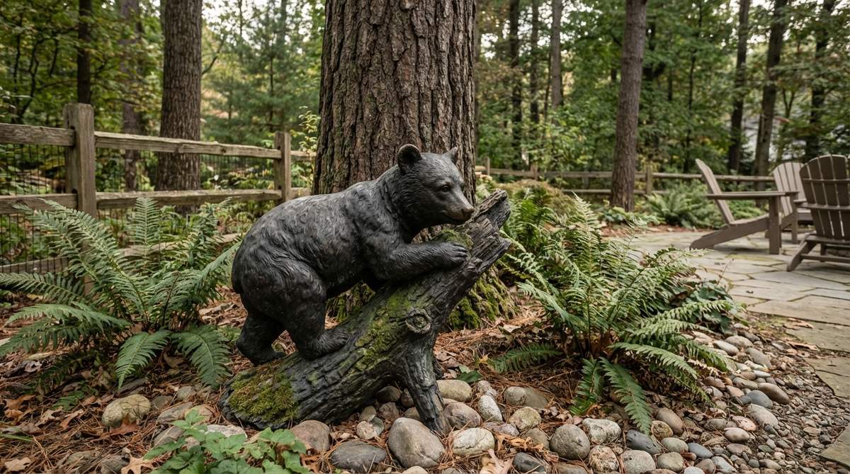 A garden sculpture of a black bear cub in a playful pose, such as climbing, sitting, or with a raised paw, designed to add approachable wildlife character to outdoor spaces. Features a dark finish that highlights its rounded body shape, ideal for placement near tree bases or with log elements in mountain or forest-themed gardens.