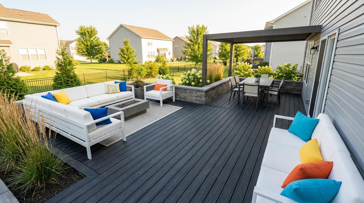 A modern outdoor deck featuring bold contrast combinations with dark charcoal composite decking paired with light white sectionals and bright accent pillows. The high-contrast design creates striking visual impact, strategically defining zones and highlighting architectural features through color-blocking techniques that separate dining from lounging areas.