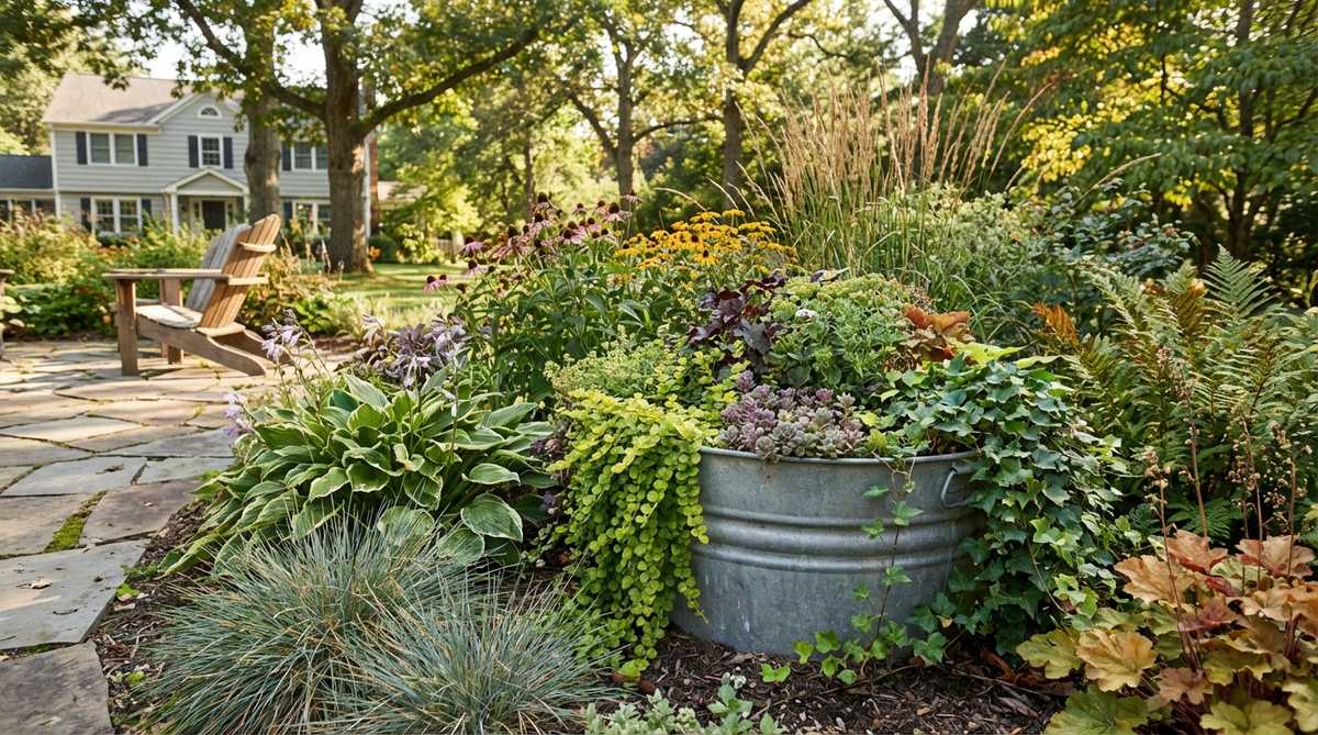 A galvanized tub integrated into a perennial garden border, partially sunk into the soil and surrounded by trailing plants that blend the container edge with the border plantings, adding vertical interest and seasonal color to the garden design.