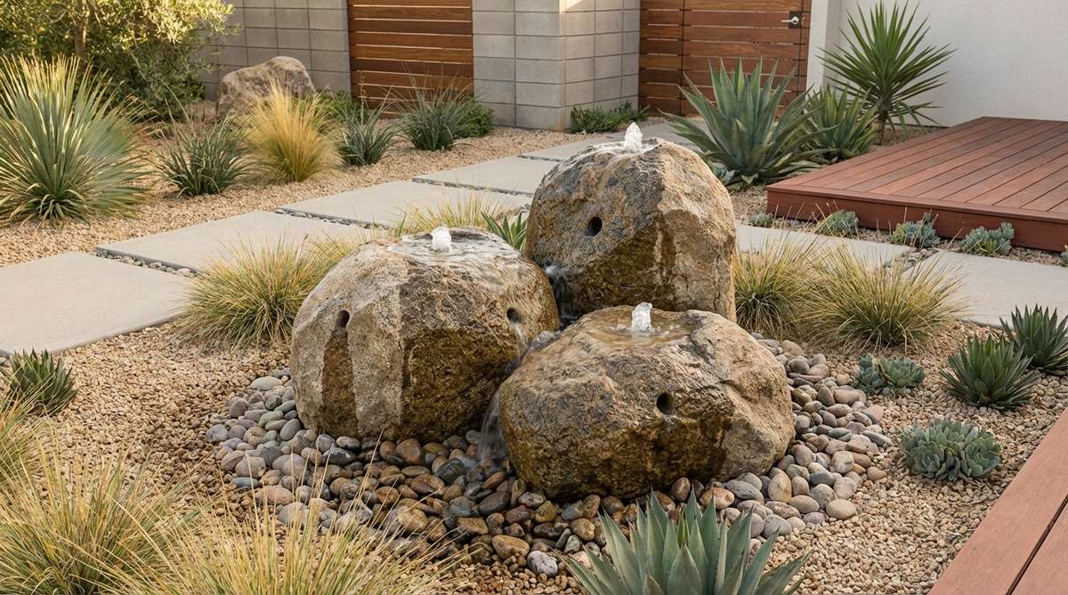 A natural boulder fountain composition in a mid-century modern garden, featuring drilled stones with bubbling water at a flow rate of 200-400 GPH. The organic stone shapes complement the hardscape palette, positioned within a gravel court or at planting bed intersections to provide audible water sound without excessive splash.