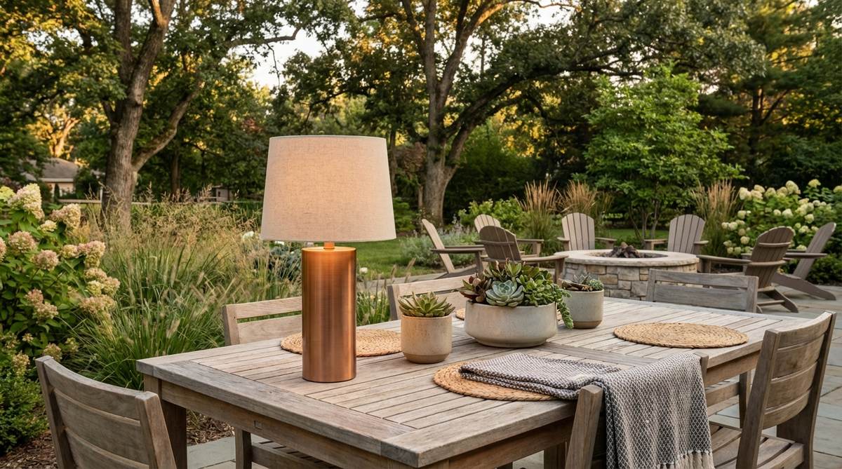 A stylish brass or copper table lamp with clean lines and a simple shade, adding warm metallic tones and subtle shine to modern boho decor. This design combines earthy bohemian elements with contemporary structure for a balanced aesthetic.