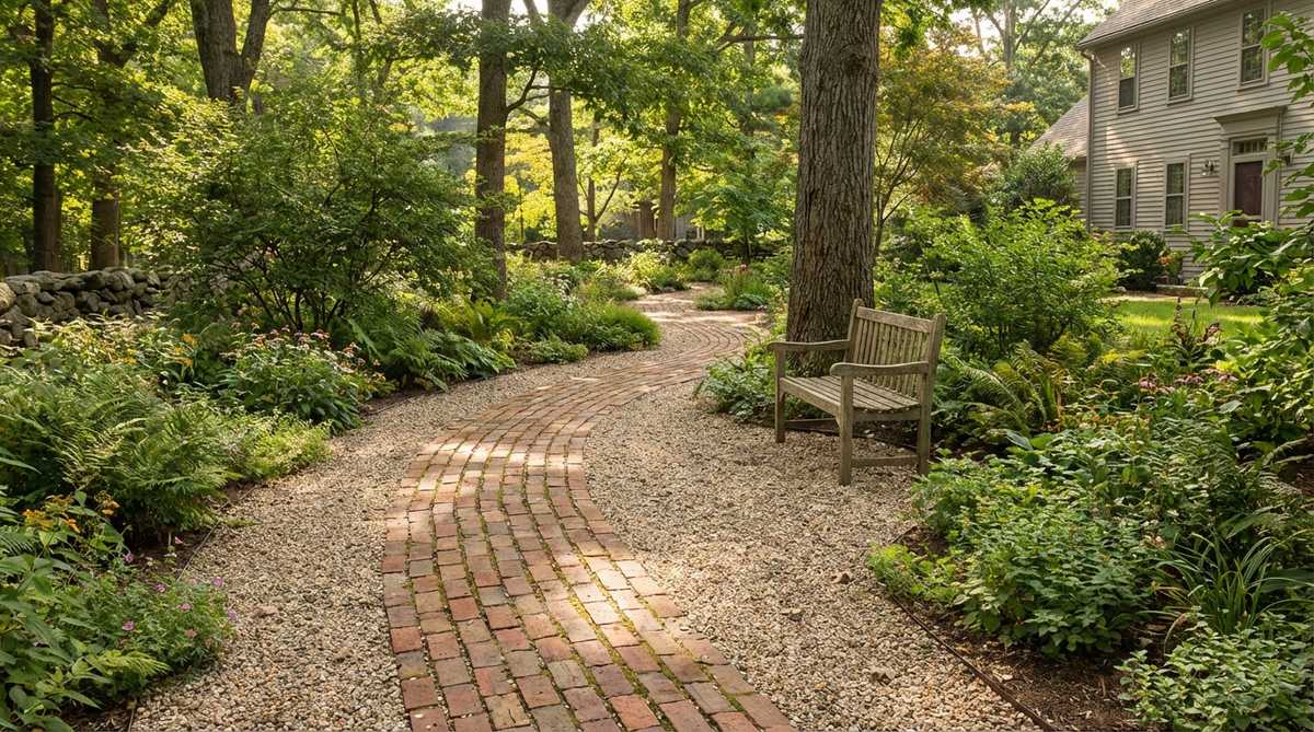 A garden path featuring brick strips set in gravel fields, showing how this combination creates path definition while reducing paving material costs and improving drainage. The material contrast adds texture variety suitable for informal garden styles like woodland gardens and cutting gardens.