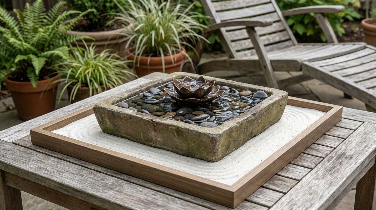 A mini zen garden featuring a cast bronze lotus blossom fountain circulating water over smooth river rocks within an 11-inch square basin. The submersible pump operates silently, creating continuous flowing patterns with gentle water sounds for auditory meditation. Sand surrounds the fountain zone for multi-sensory meditation experiences.