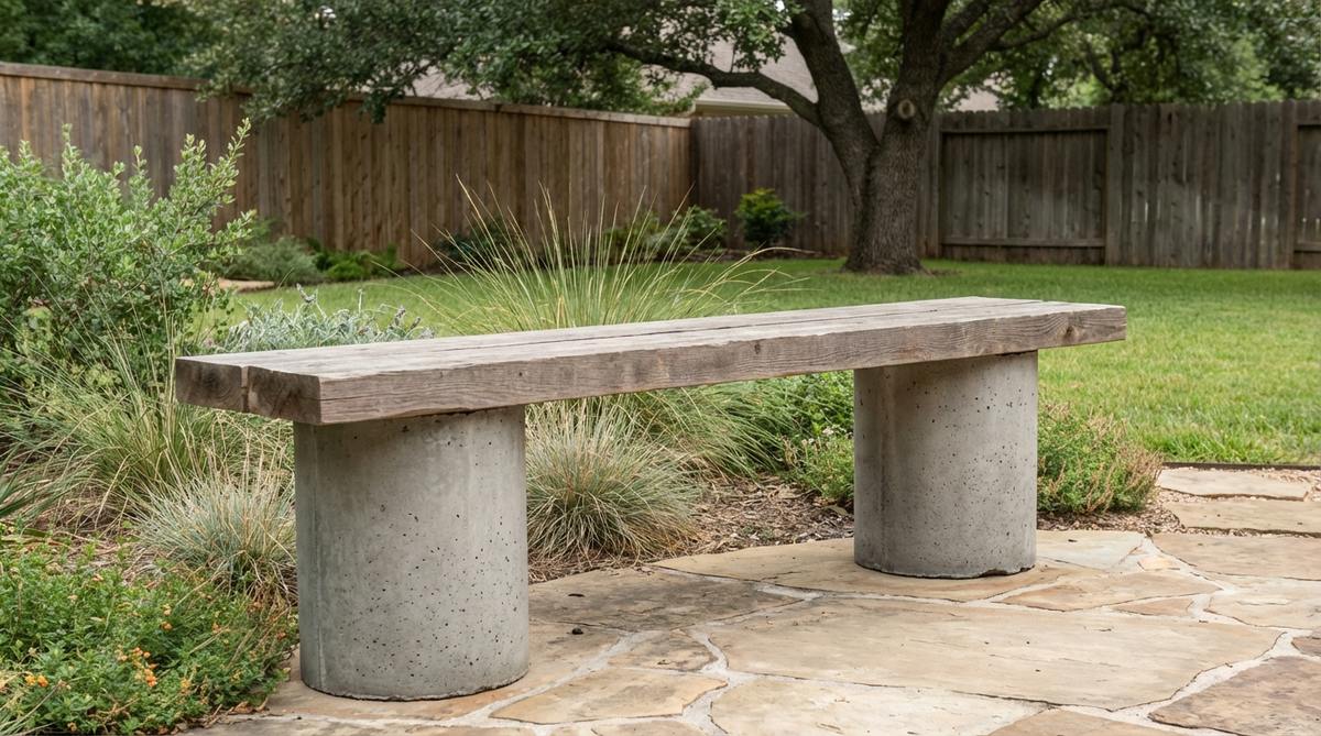 A DIY modern garden bench with cylindrical concrete legs created using five-gallon plastic buckets as molds. The cured concrete columns, approximately 10 inches in diameter, support a 6-foot bench, showcasing an industrial aesthetic with optional painted finish.