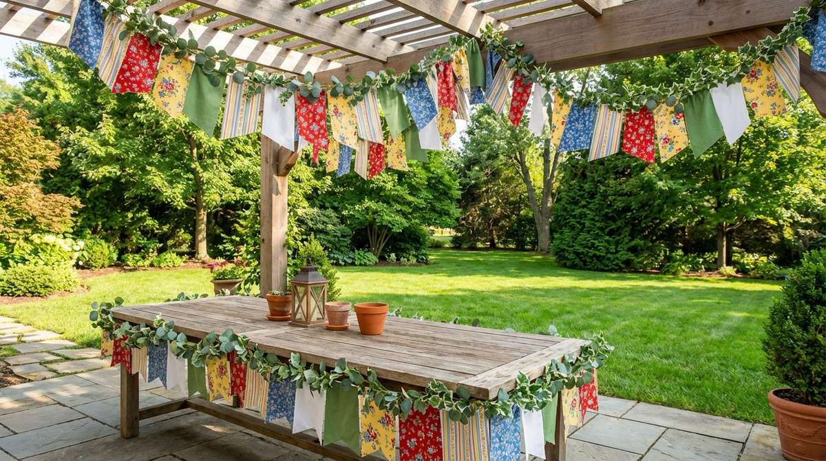 Colorful fabric bunting and greenery garlands swagged along outdoor table edges and pergola beams for festive party decoration. Shows reusable outdoor decor with vintage patterns and solid colors creating continuous decorative rhythm without floral maintenance.
