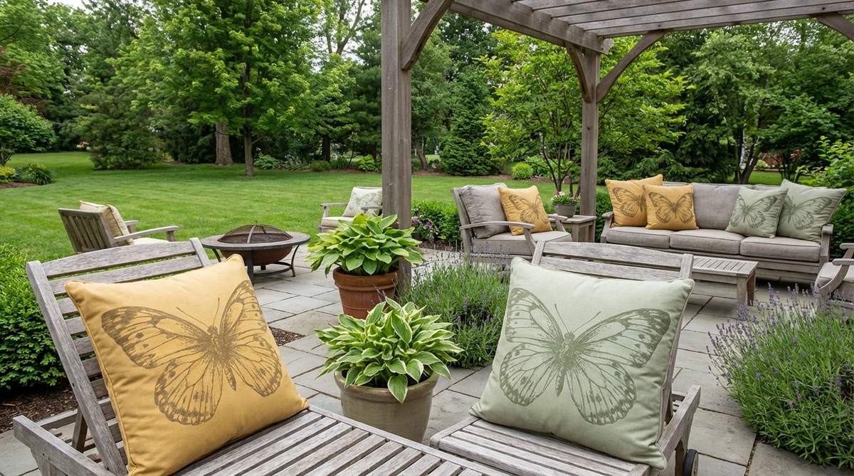 Oversized butterfly print throw pillows in mustard and sage colors, perfect for adding whimsy and dimension to outdoor furniture in spring decor setups.